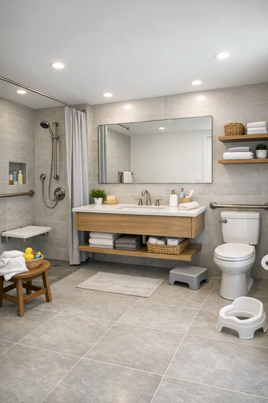 Modern accessible bathroom with curbless shower, oak vanity, and light gray tile