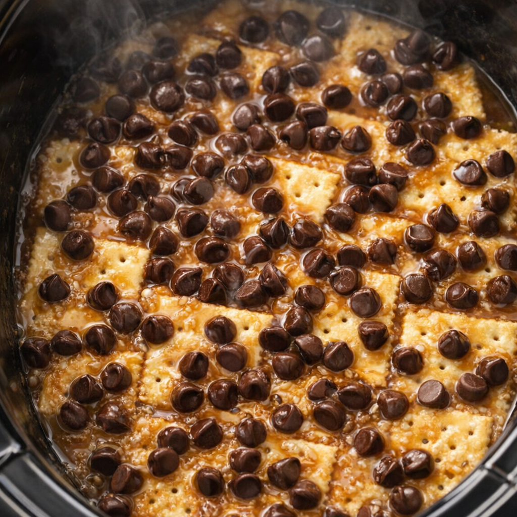 Chocolate chips scattered over hot caramel crackers in the slow cooker