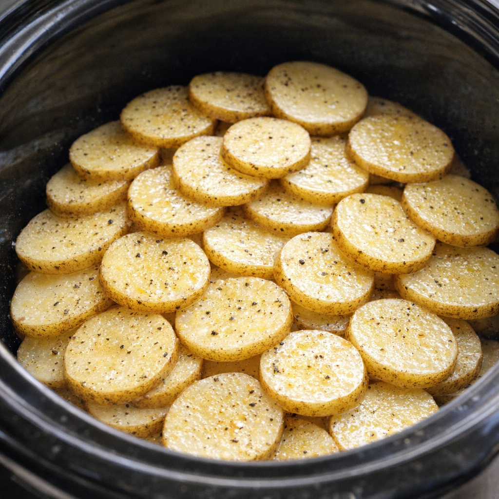 Potato rounds layered inside a slow cooker