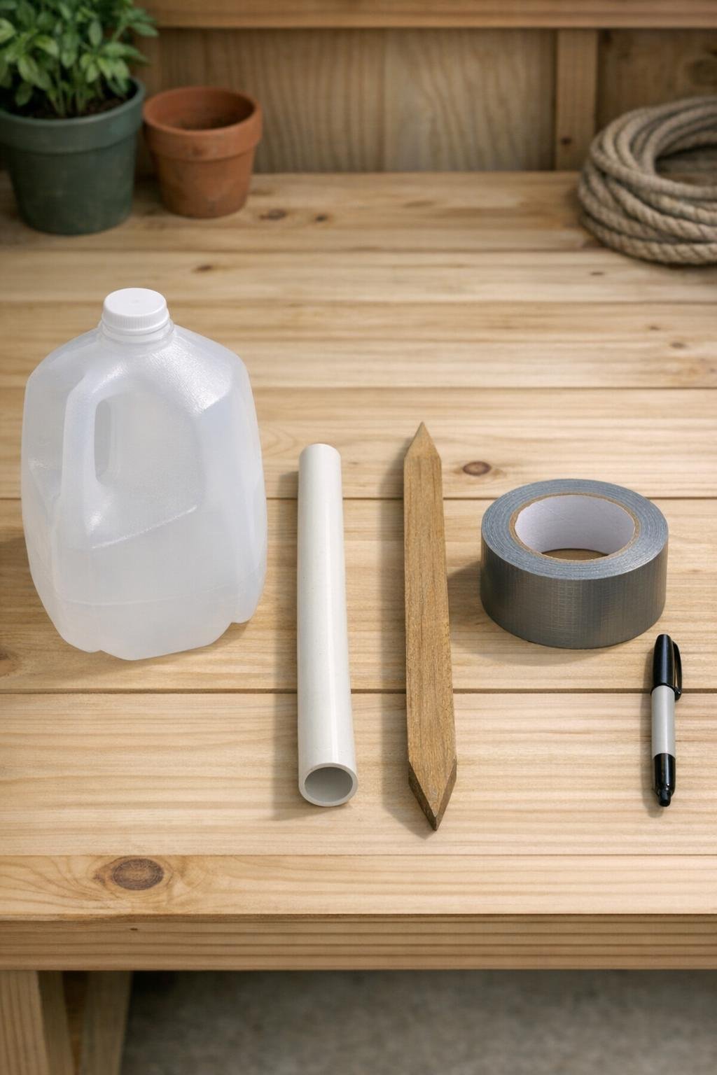 Materials for a DIY deep-root watering spike laid out on a workbench