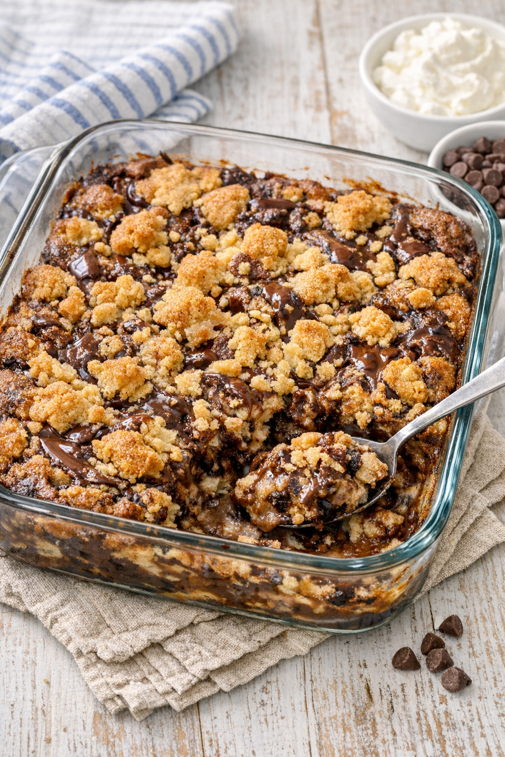 Finished baked chocolate ice cream bar dessert in a glass baking dish