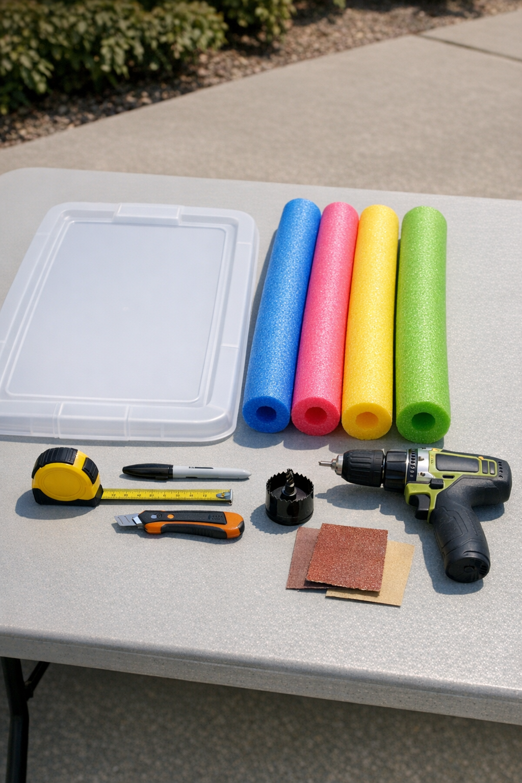 Materials for a floating pool bar laid out on a table