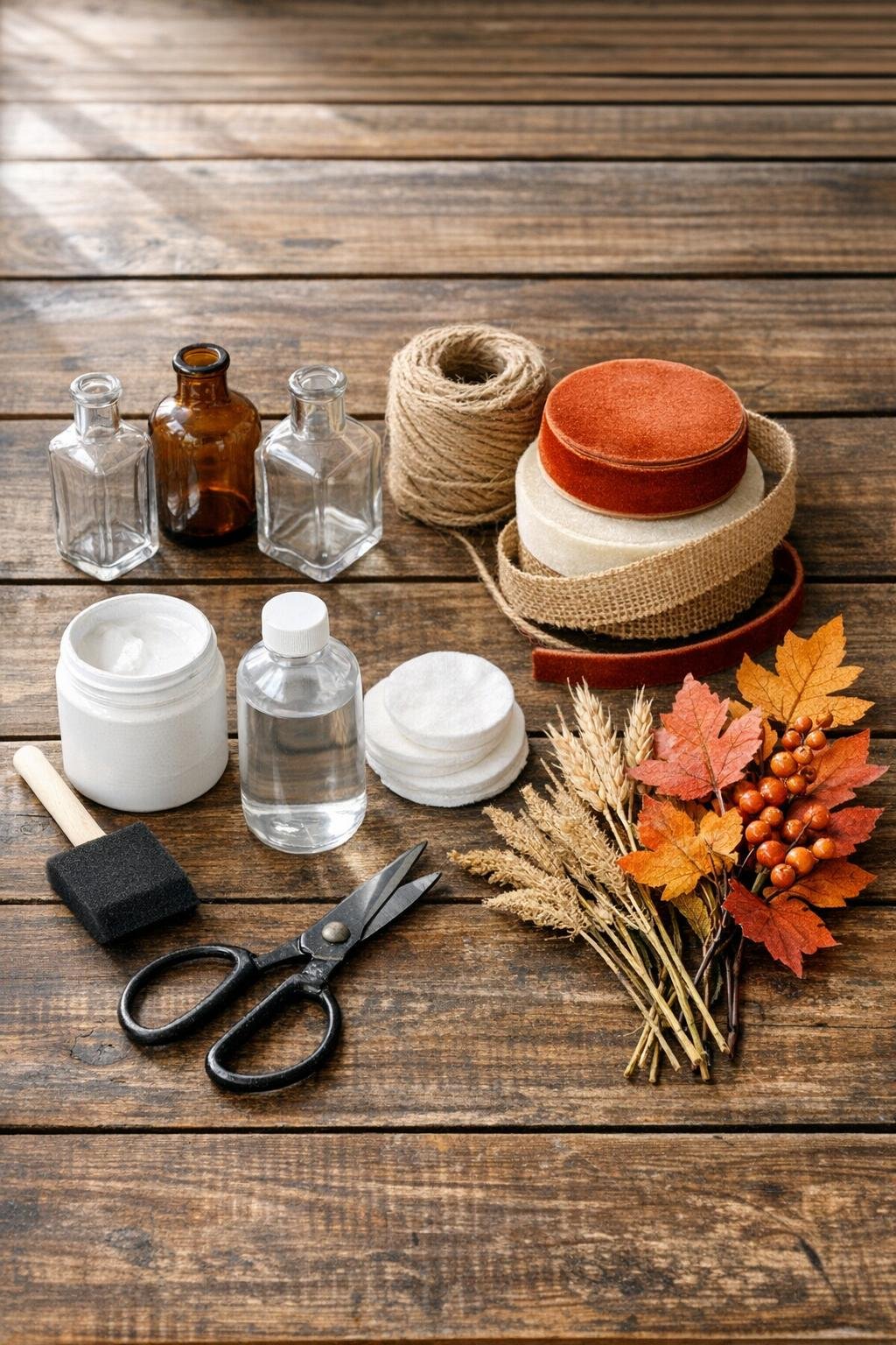 Materials for four fall bud vases arranged on a table