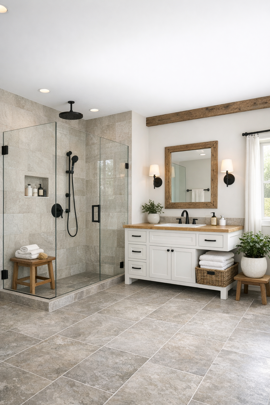 Accessible farmhouse bathroom with curbless shower, stone-look tile, and warm wood accents