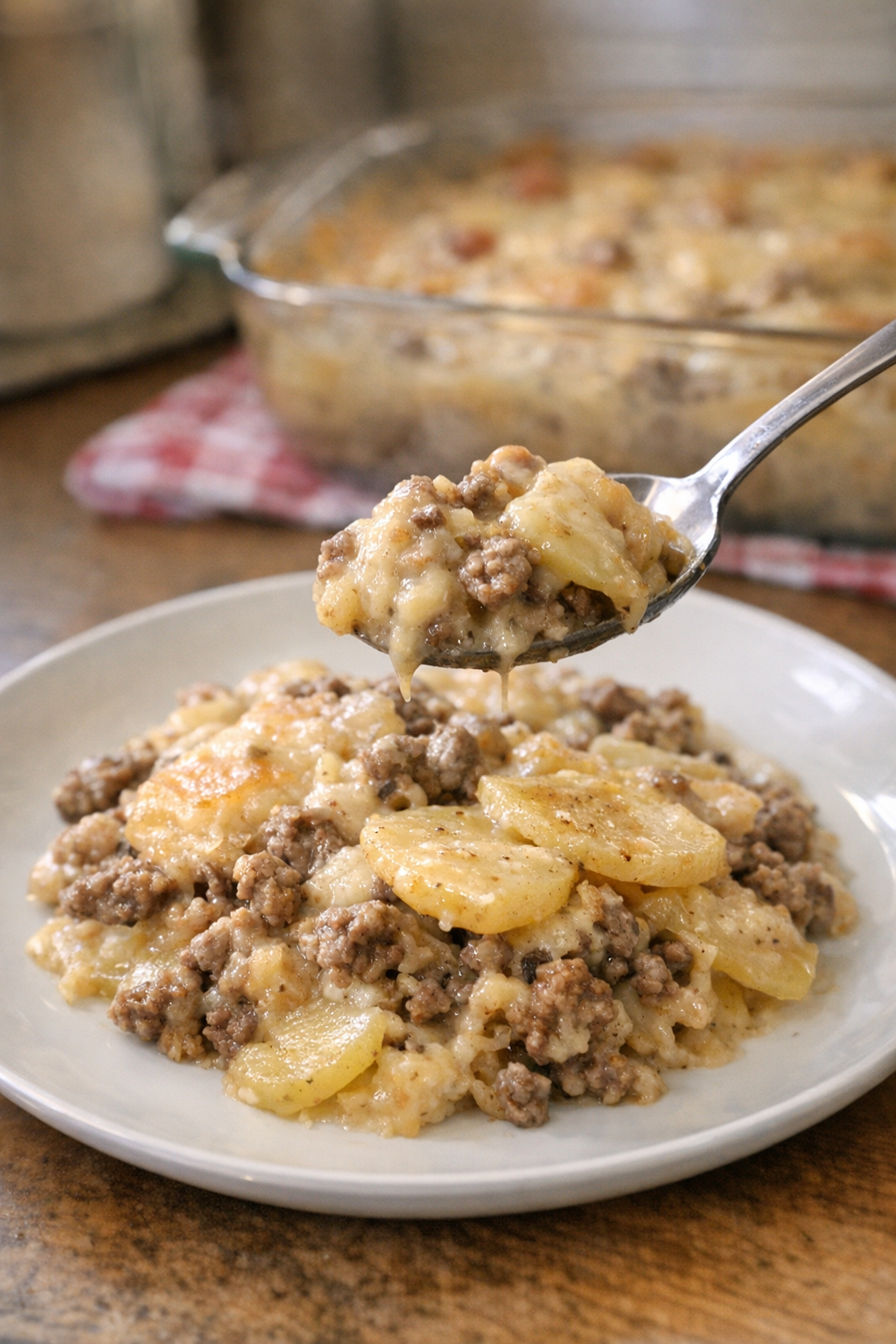 Finished Amish hamburger gravy bake plated for serving
