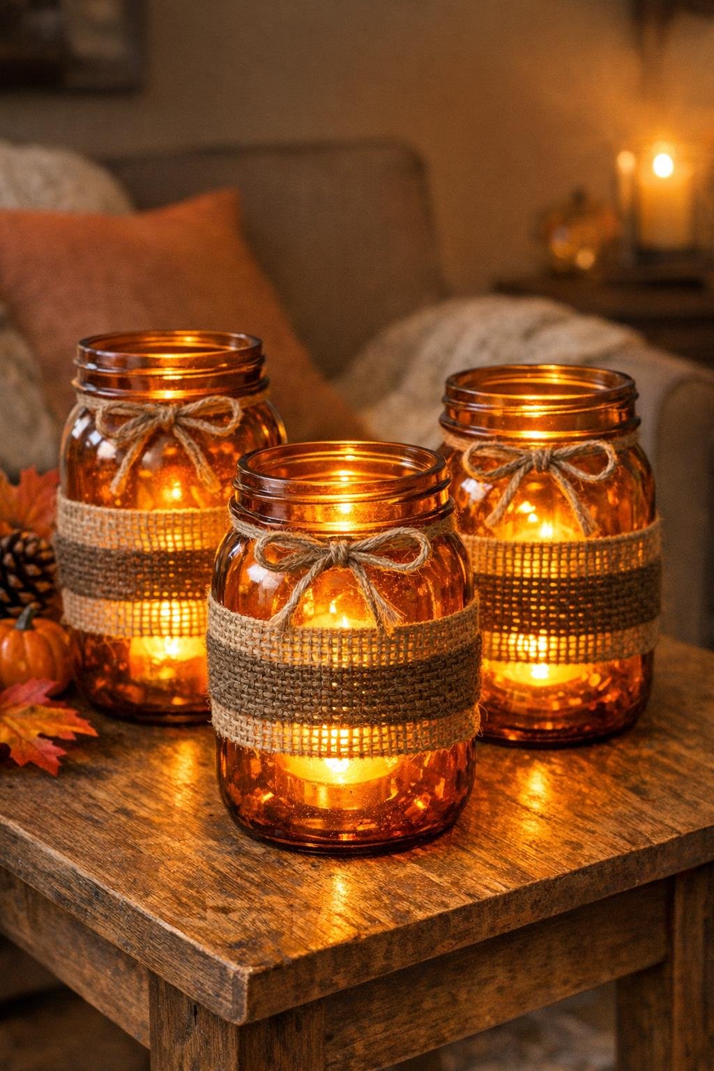 Finished amber mason jar accent lights with burlap wrap glowing warmly in a living room