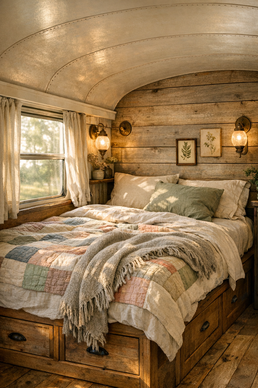 Serene converted bus bedroom with layered quilts and built-in storage