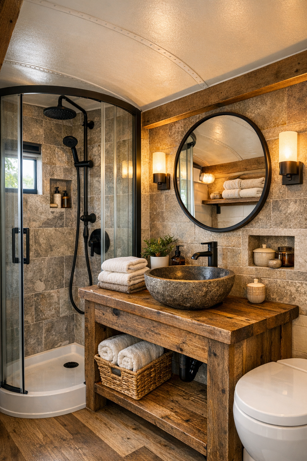 Rustic compact bus bathroom with corner shower and reclaimed wood vanity