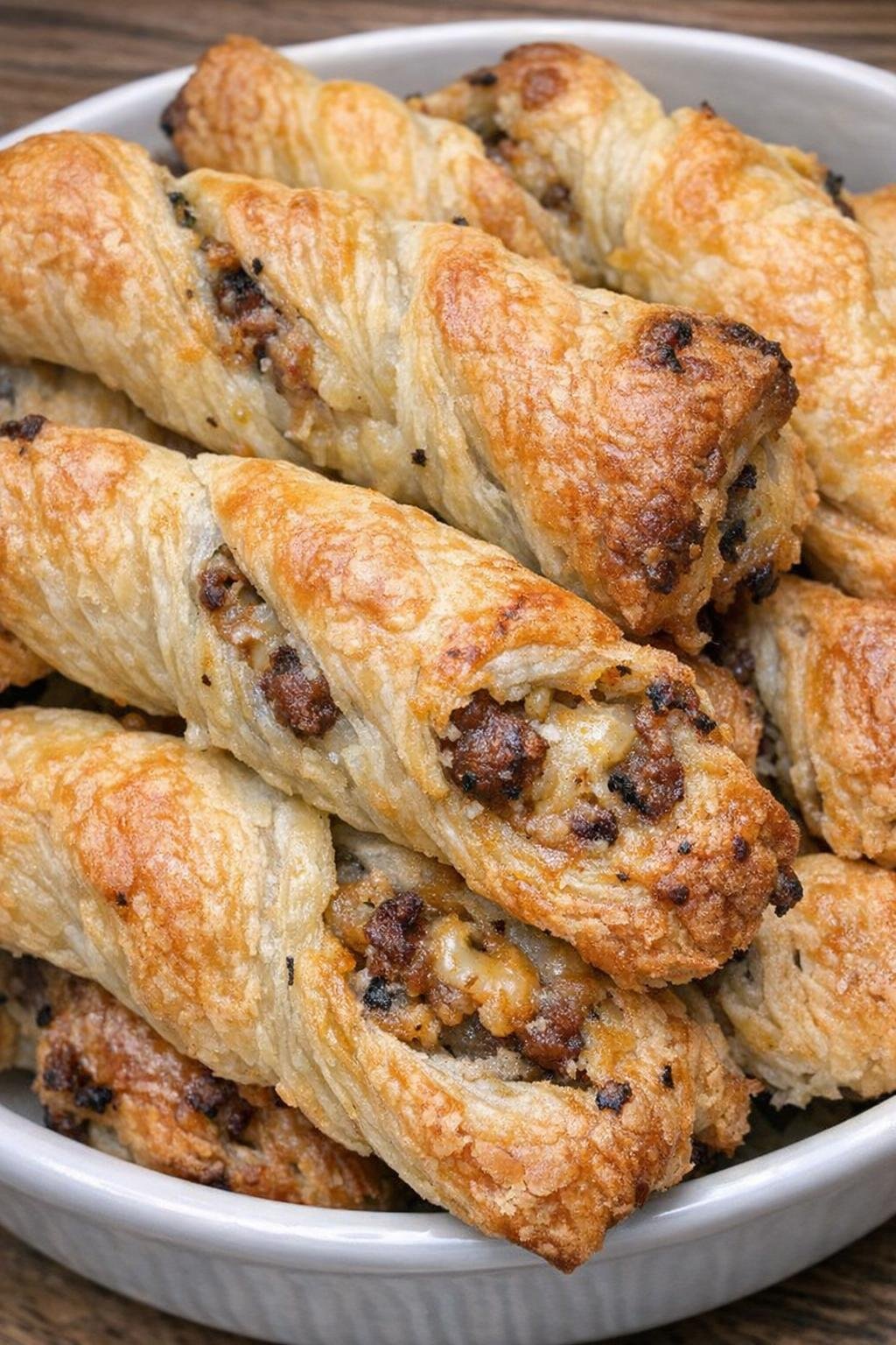 Golden flaky stuffed pastry twists piled in a serving dish