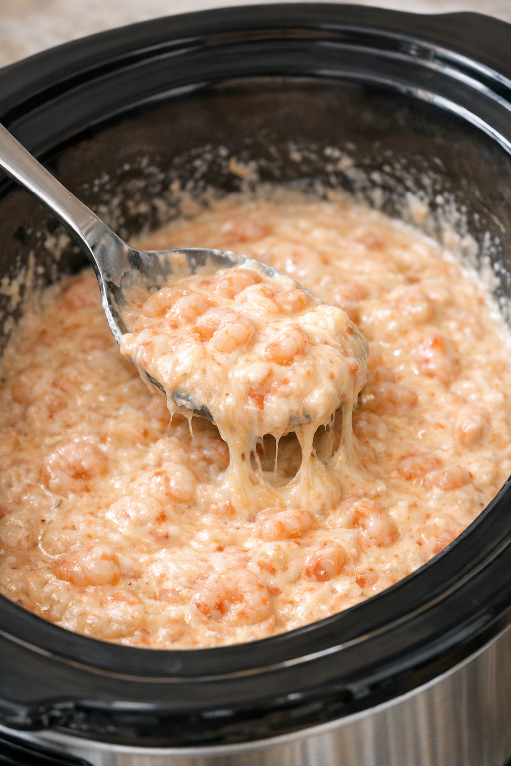 Creamy shrimp mixture being stirred in the slow cooker