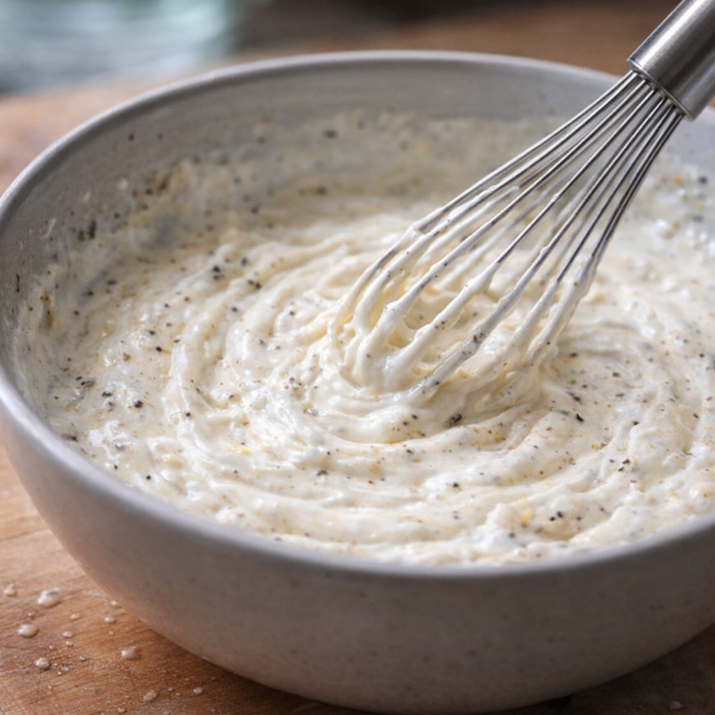 Creamy dressing being whisked in a small bowl