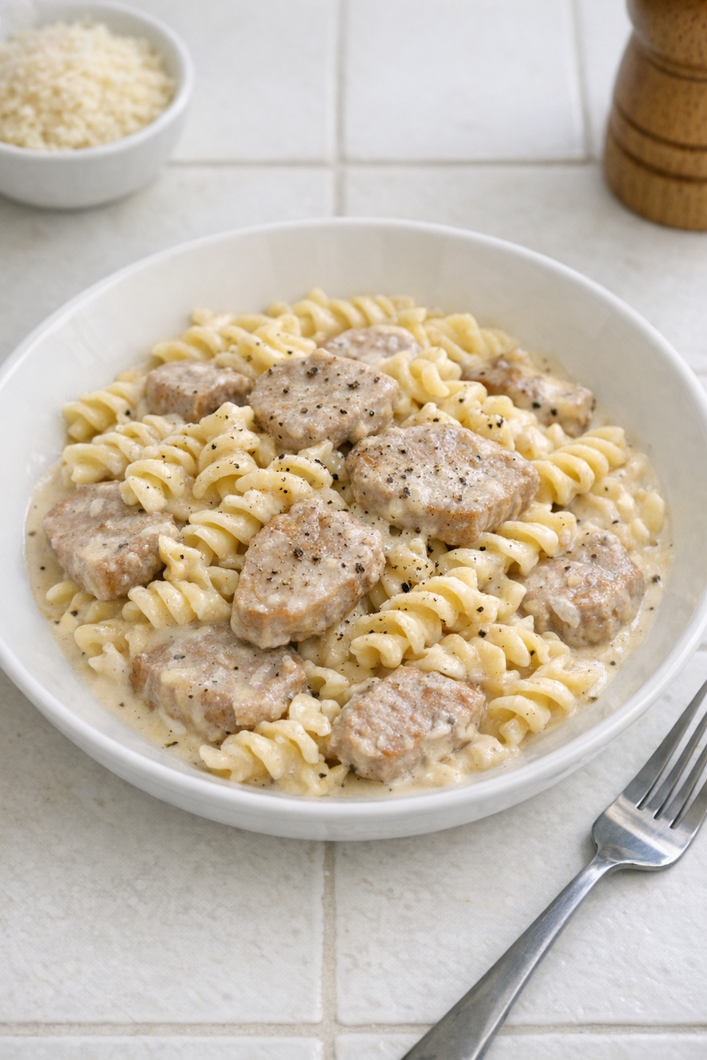 Finished creamy pork pasta plated in a shallow bowl