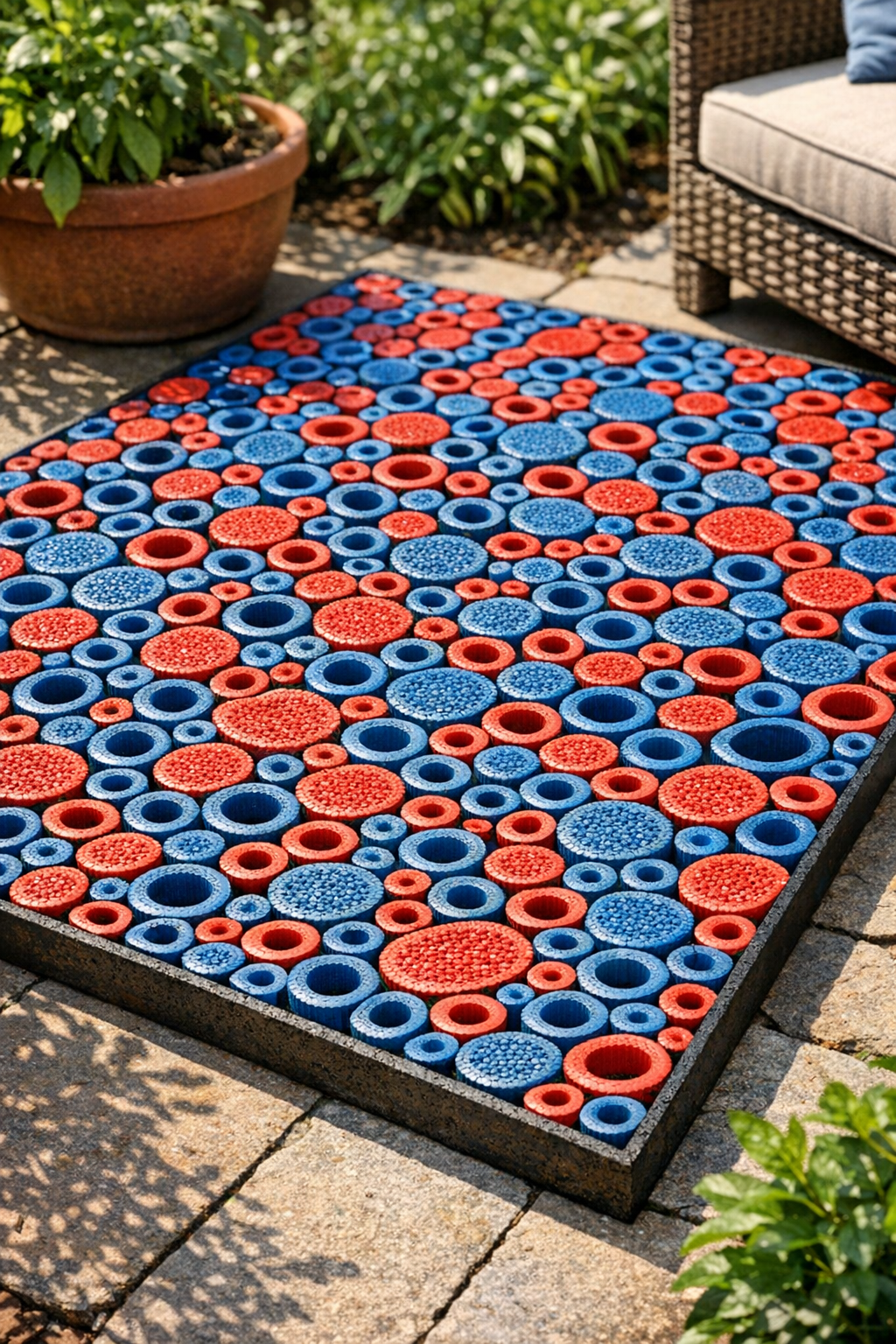 Finished textured patio surface made from red and blue sliced garden hoses