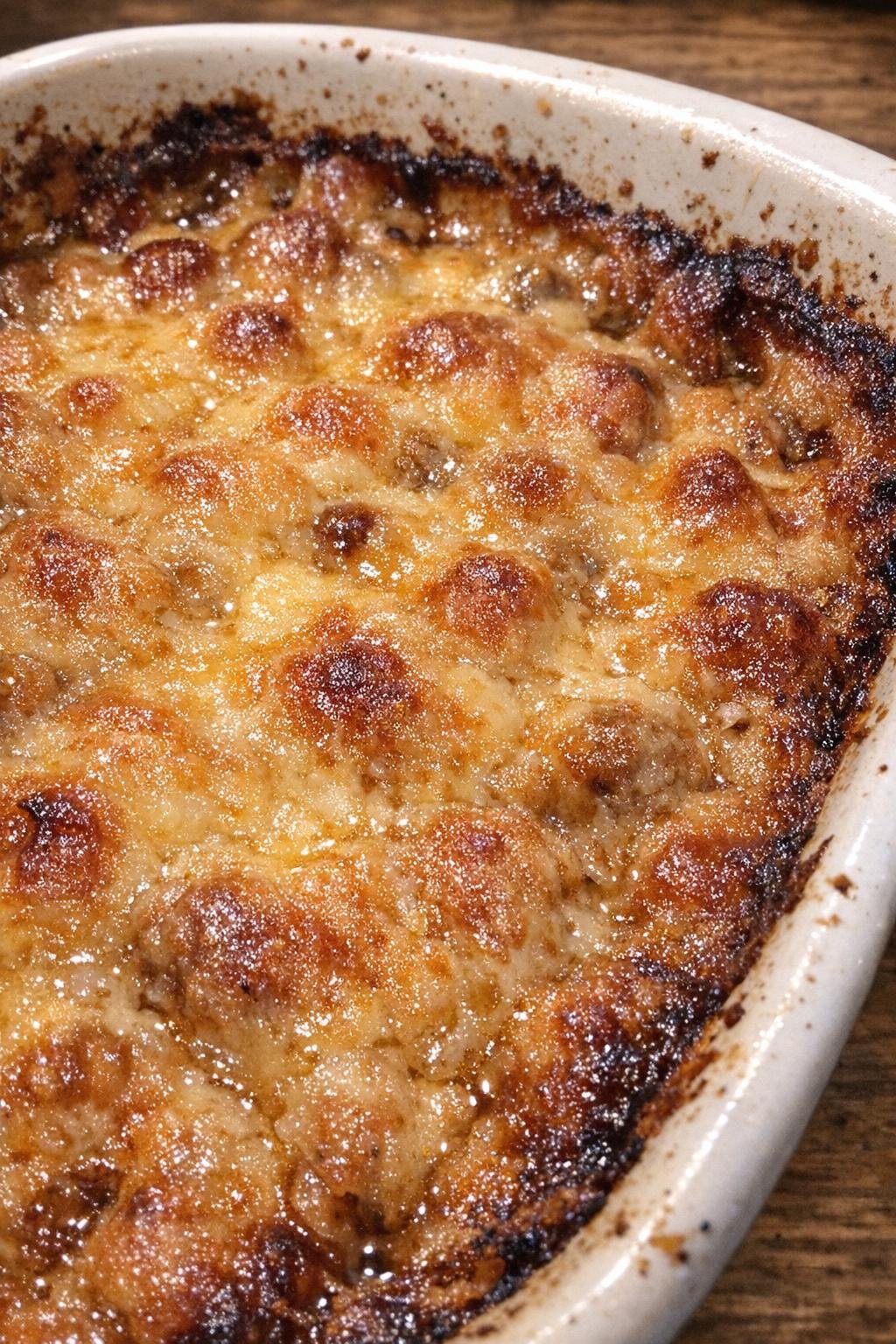 Glossy bubbling baked dish in a ceramic pan