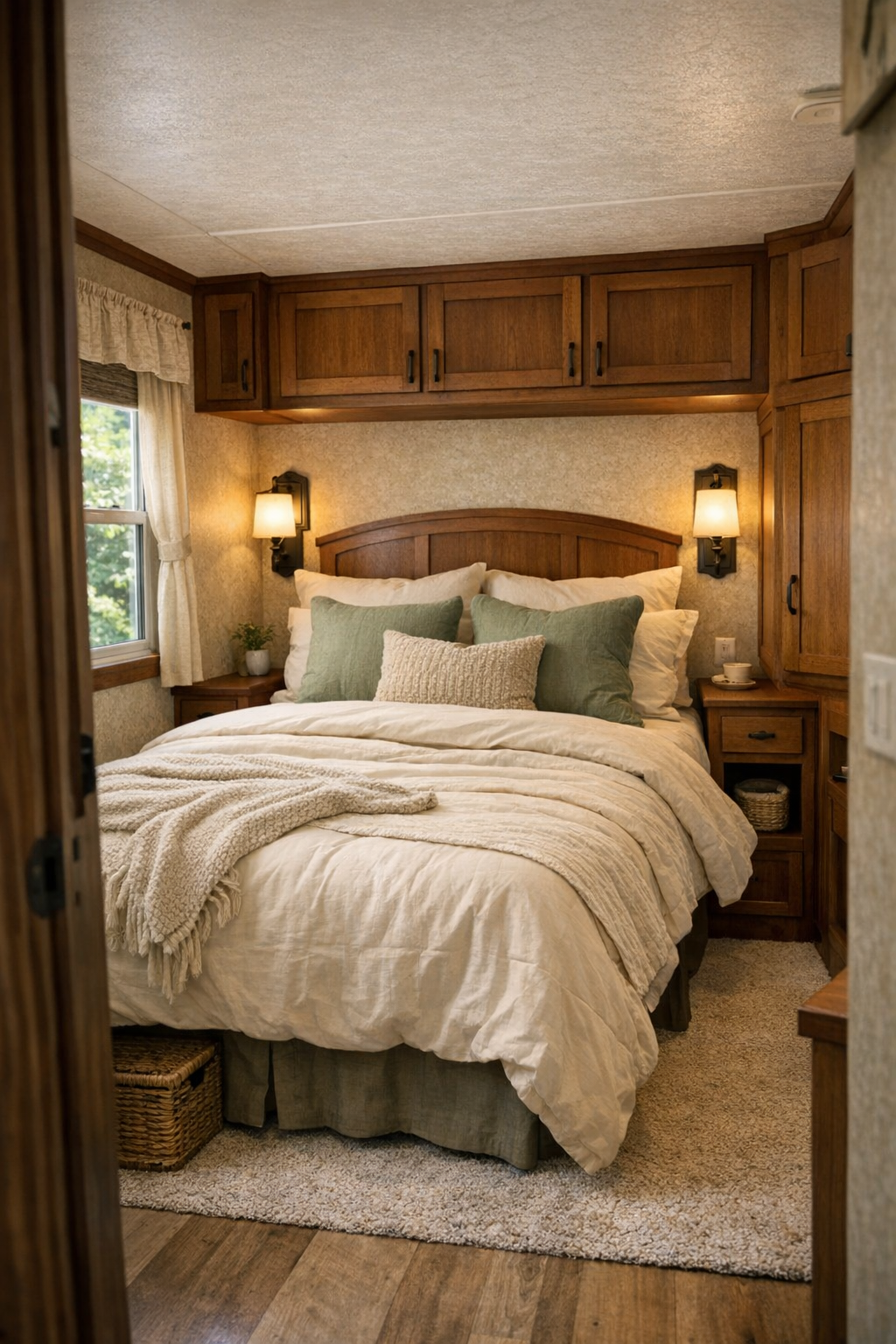 Serene small bedroom with layered neutral bedding and sage accents