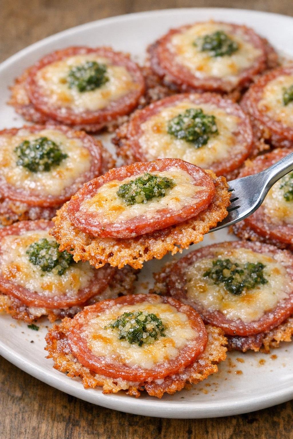 Low carb salami crisps with parmesan and salami