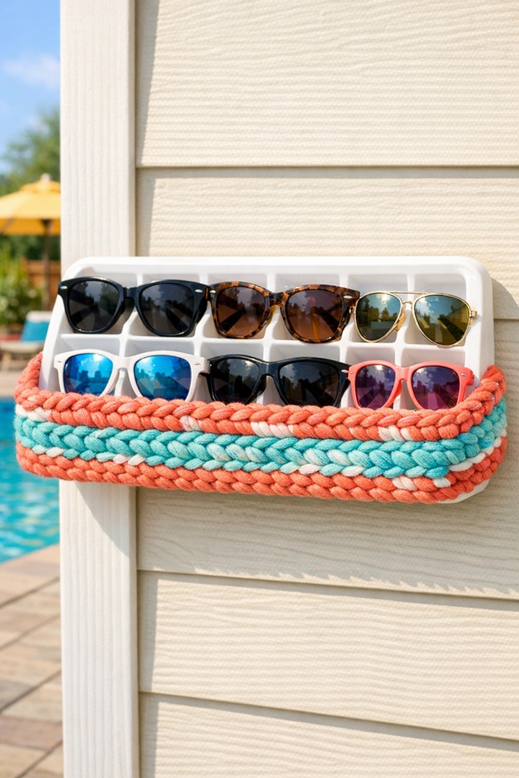 Completed coral yarn ice cube tray sunglass holder mounted on a wall