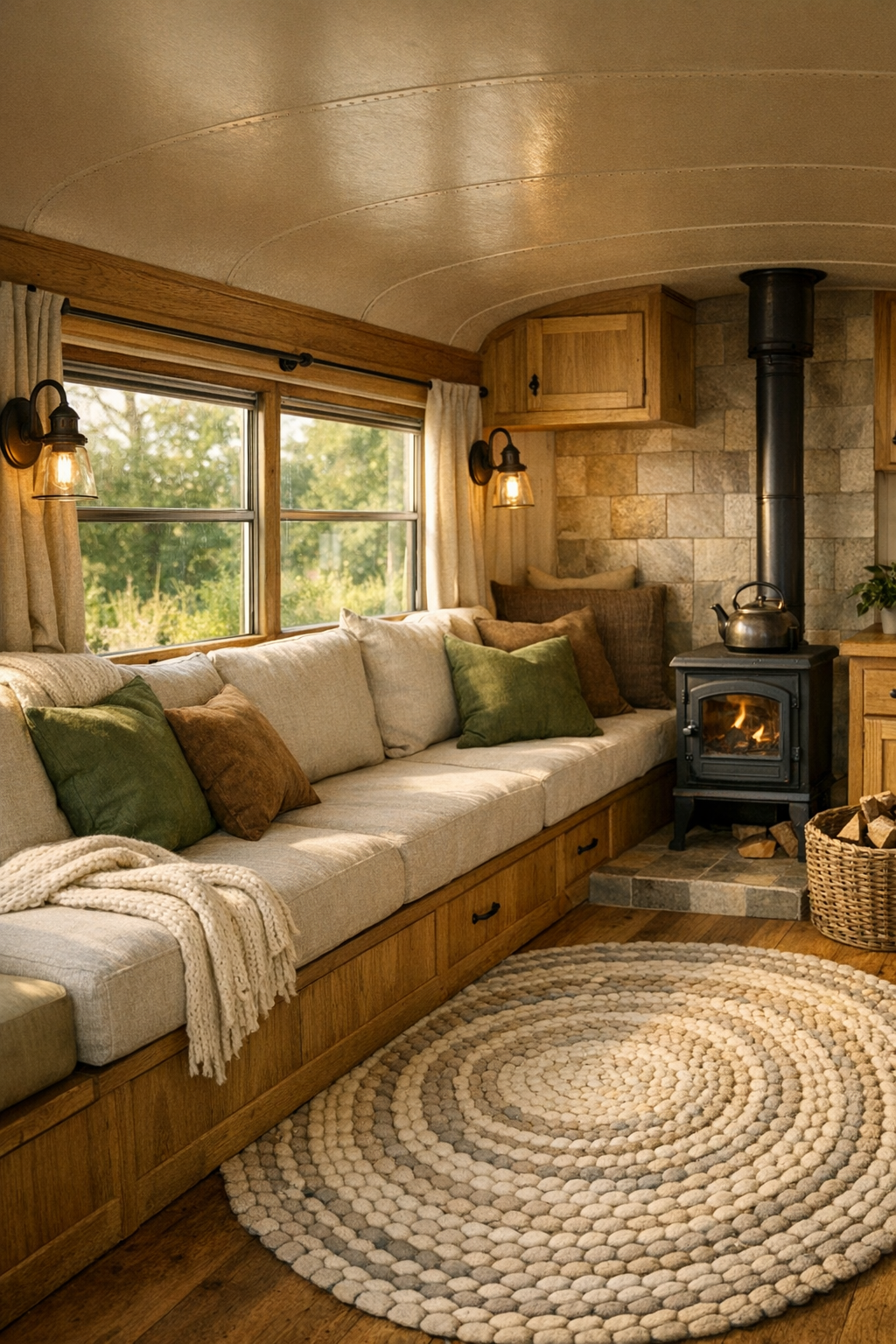 Rustic living room inside a converted bus with built-in seating and warm wood finishes