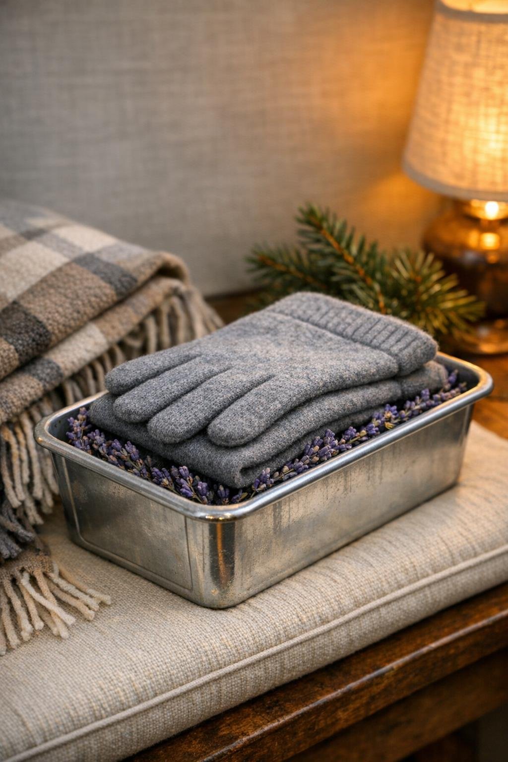 Finished DIY entryway glove bin in a metal loaf pan