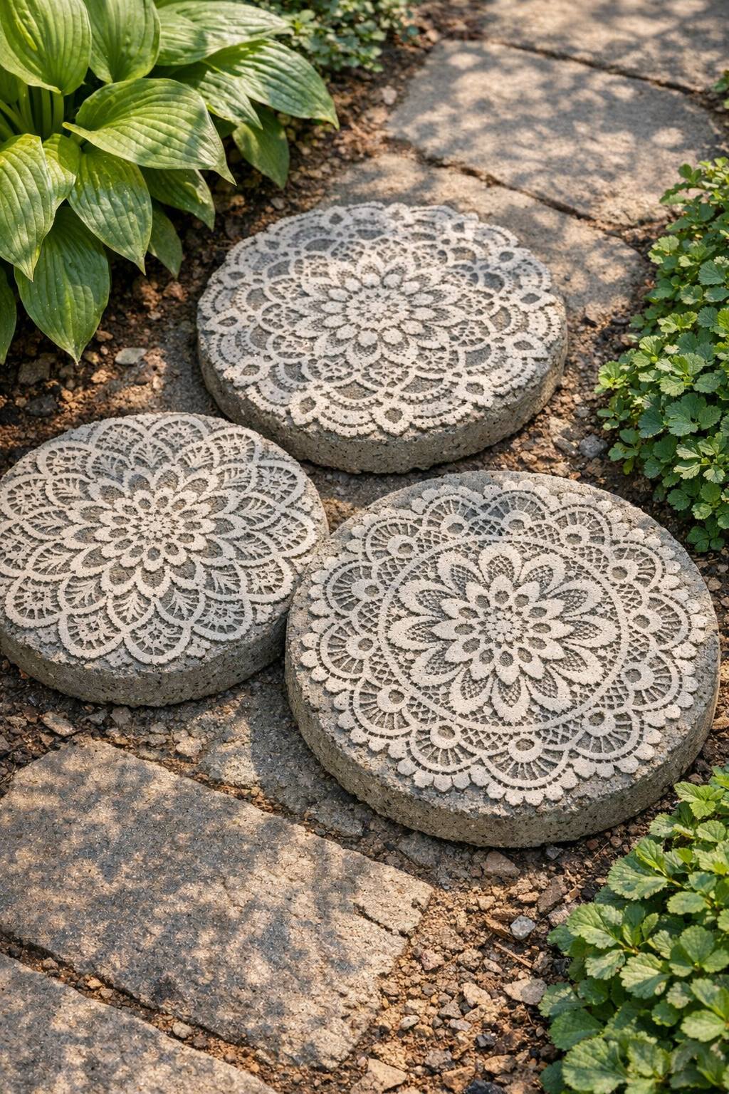Three finished patterned patio stones made with vinyl lace placemats