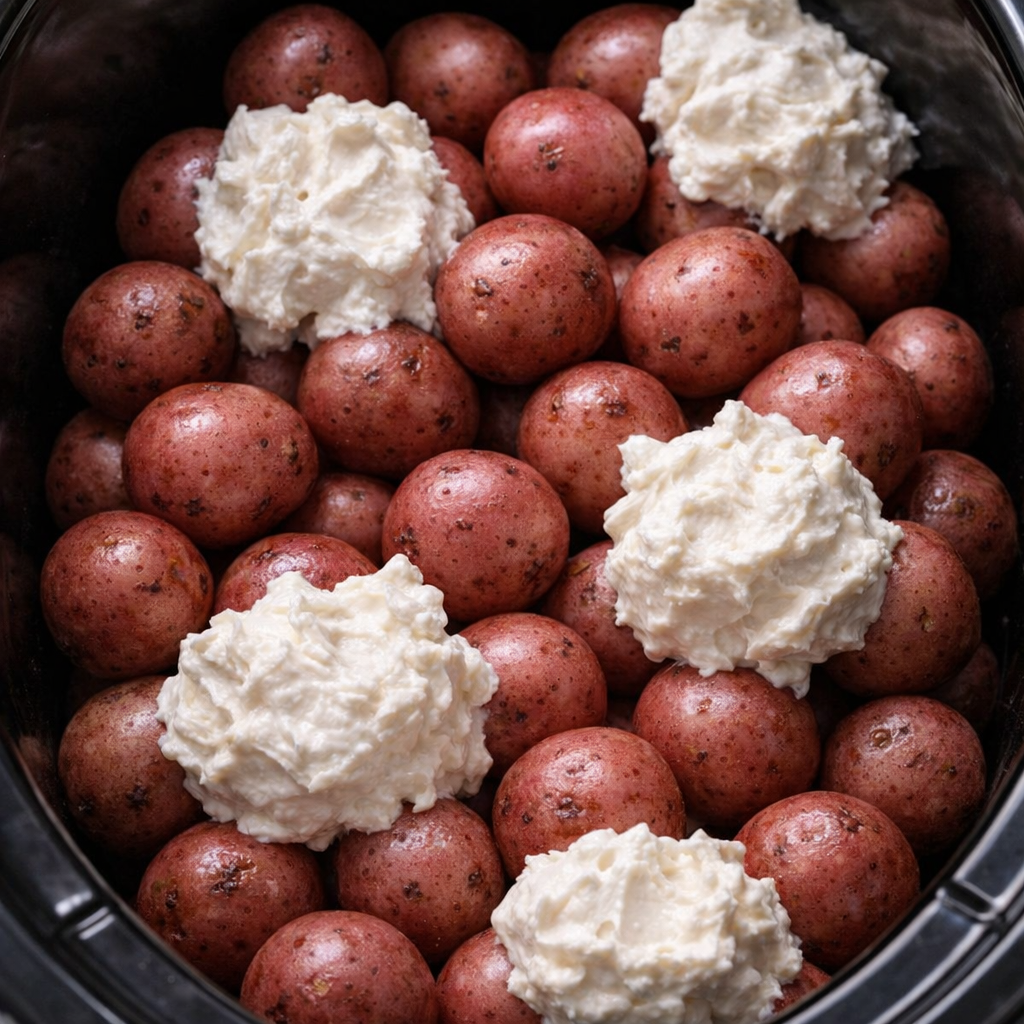 Sour cream mixture dolloped over red potatoes in the slow cooker
