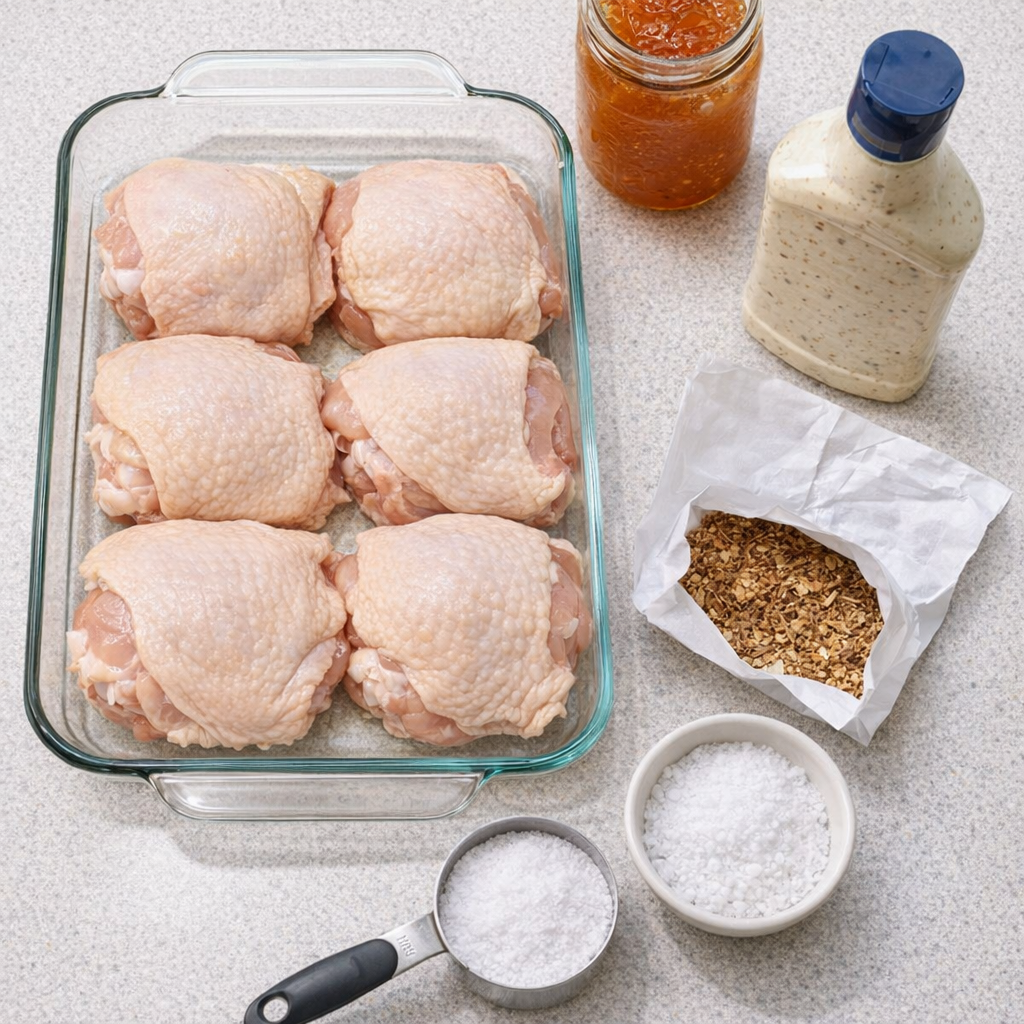 Ingredients for baked chicken arranged on a kitchen counter