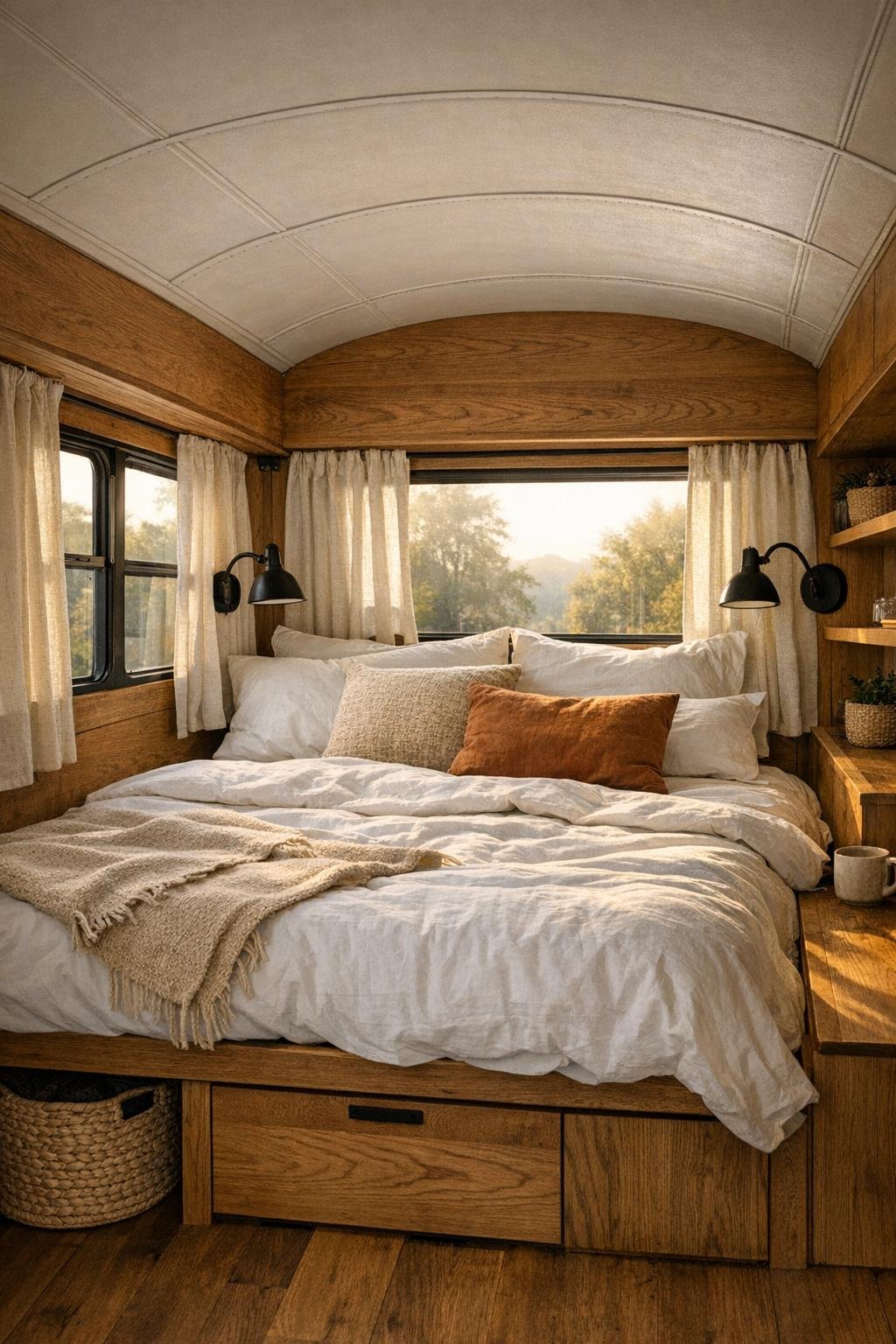 Cozy rear bedroom in a converted bus with a platform bed and built-in storage