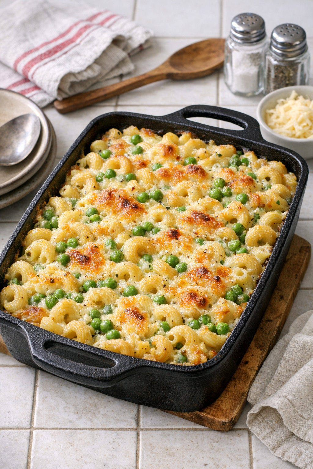 Finished baked English pea macaroni in a cast iron baking dish