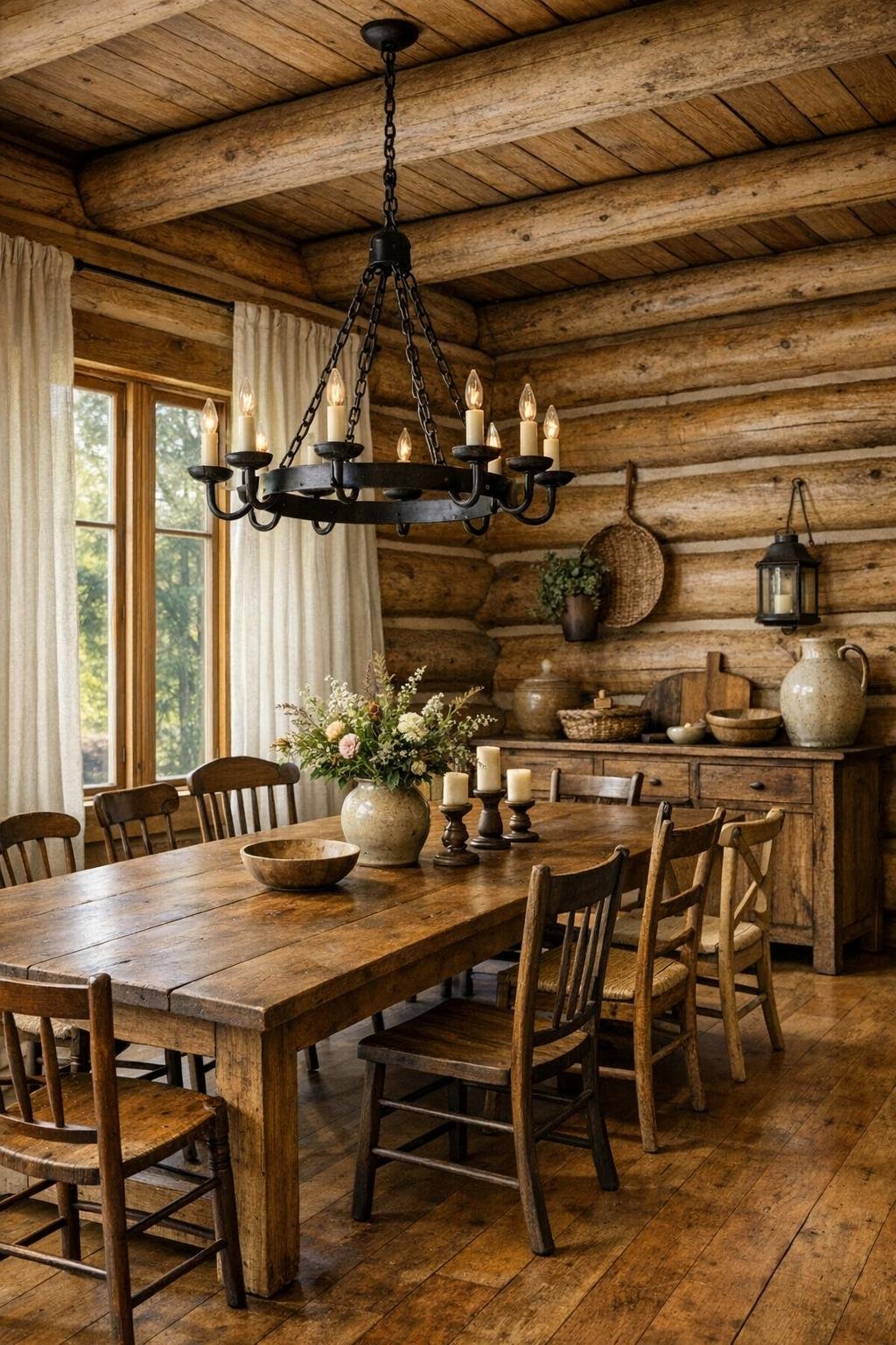 Warm log home dining room with a long wooden table and iron chandelier