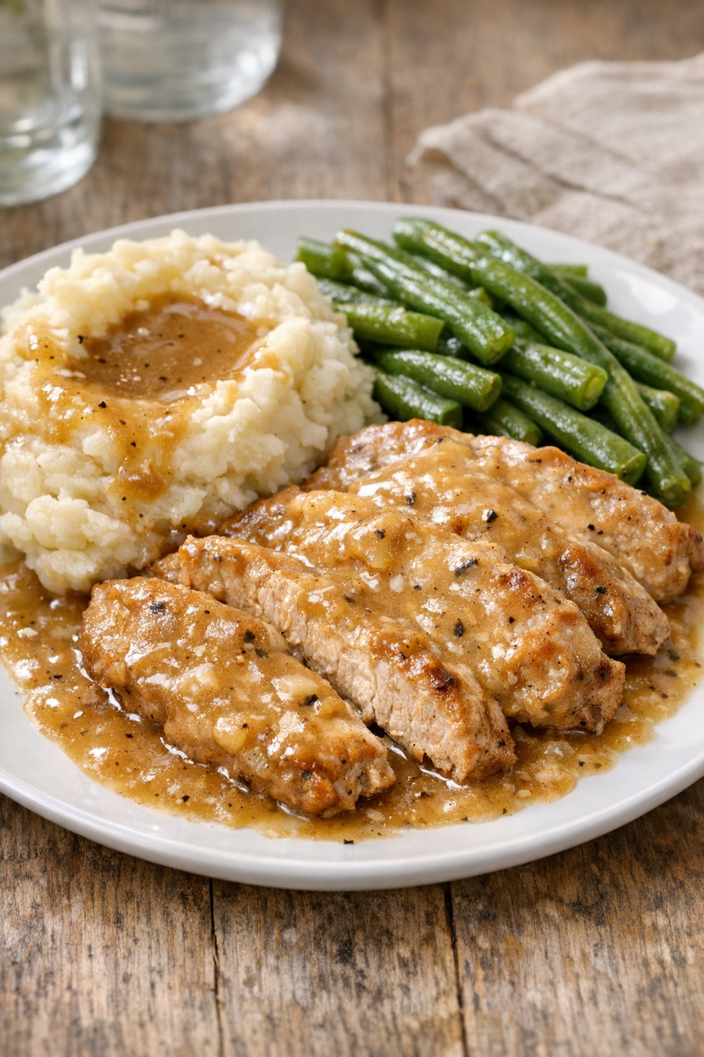 Plated slow cooker pork cutlets with gravy and sides