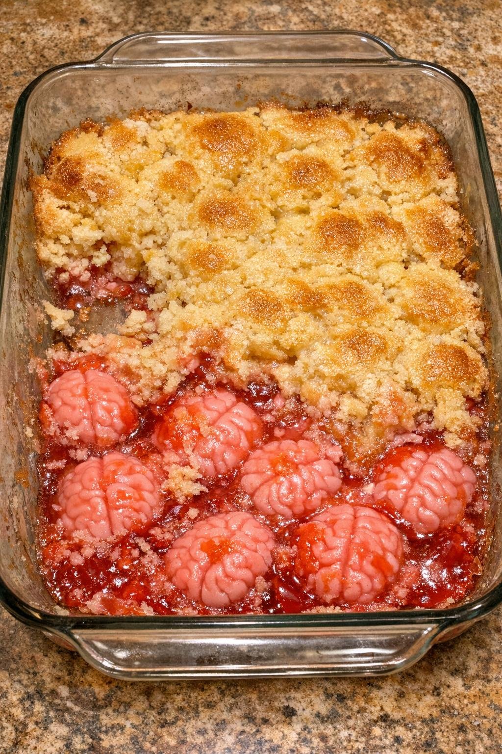 Finished baked gummy brain dessert in glass dish