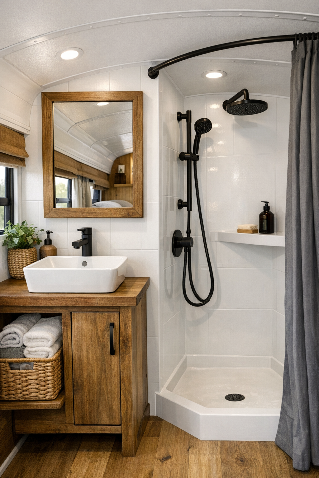 Compact bathroom in a converted bus with simple vanity and bright shower area