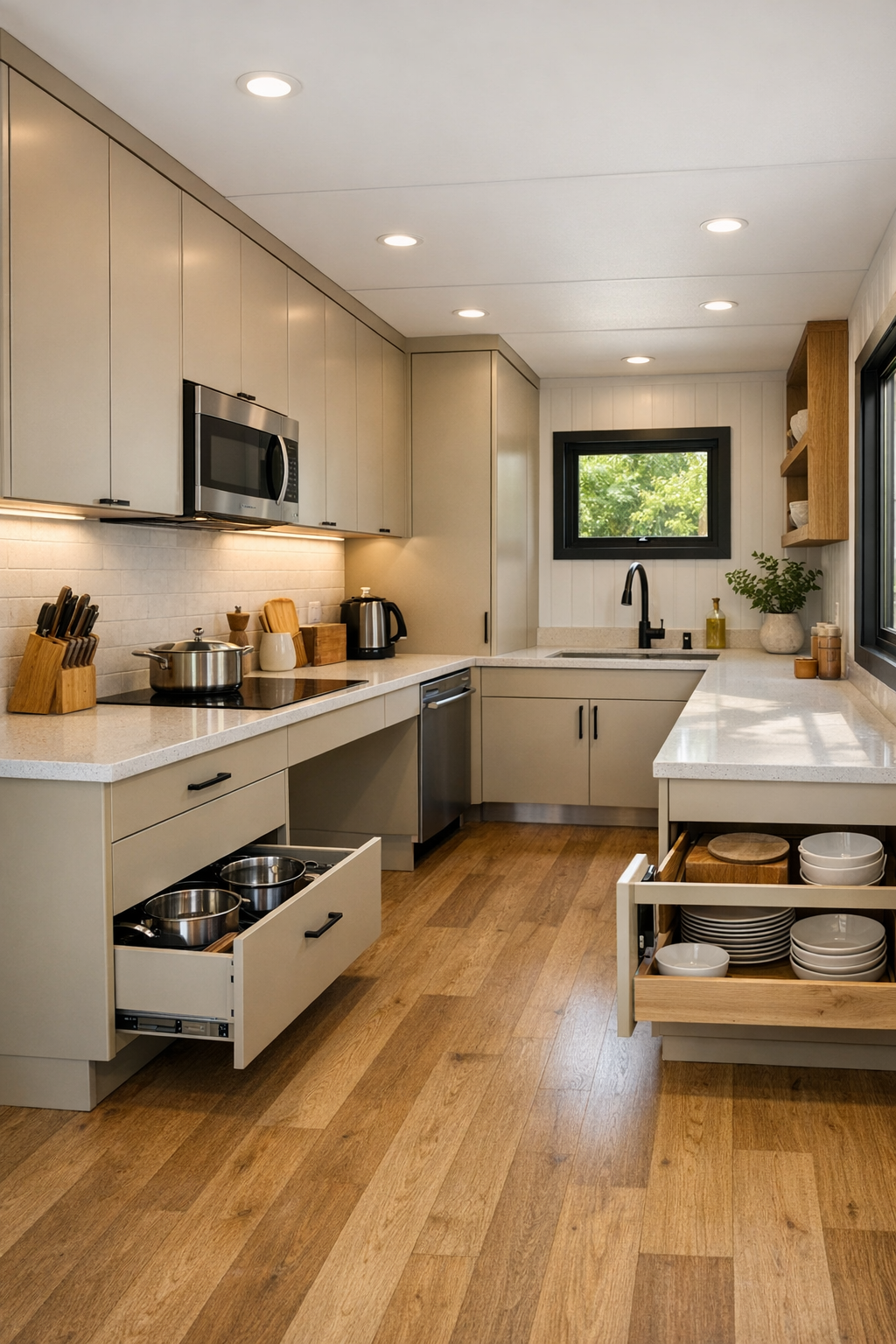 Accessible modern kitchen with matte champagne cabinetry and light quartz counters