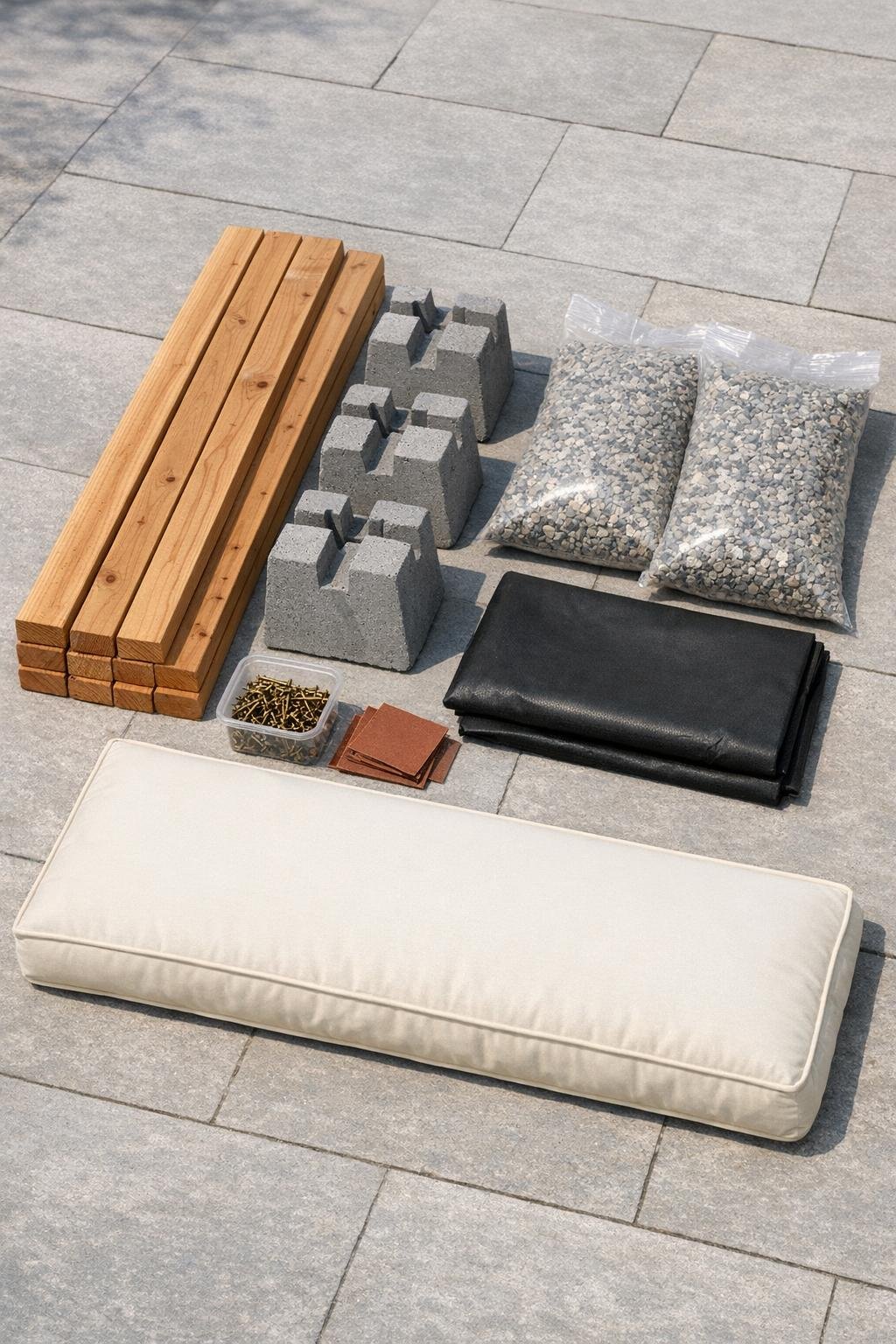 Cedar deck boards, concrete deck blocks, fasteners, landscape fabric, gravel, and cushion materials laid out for the project