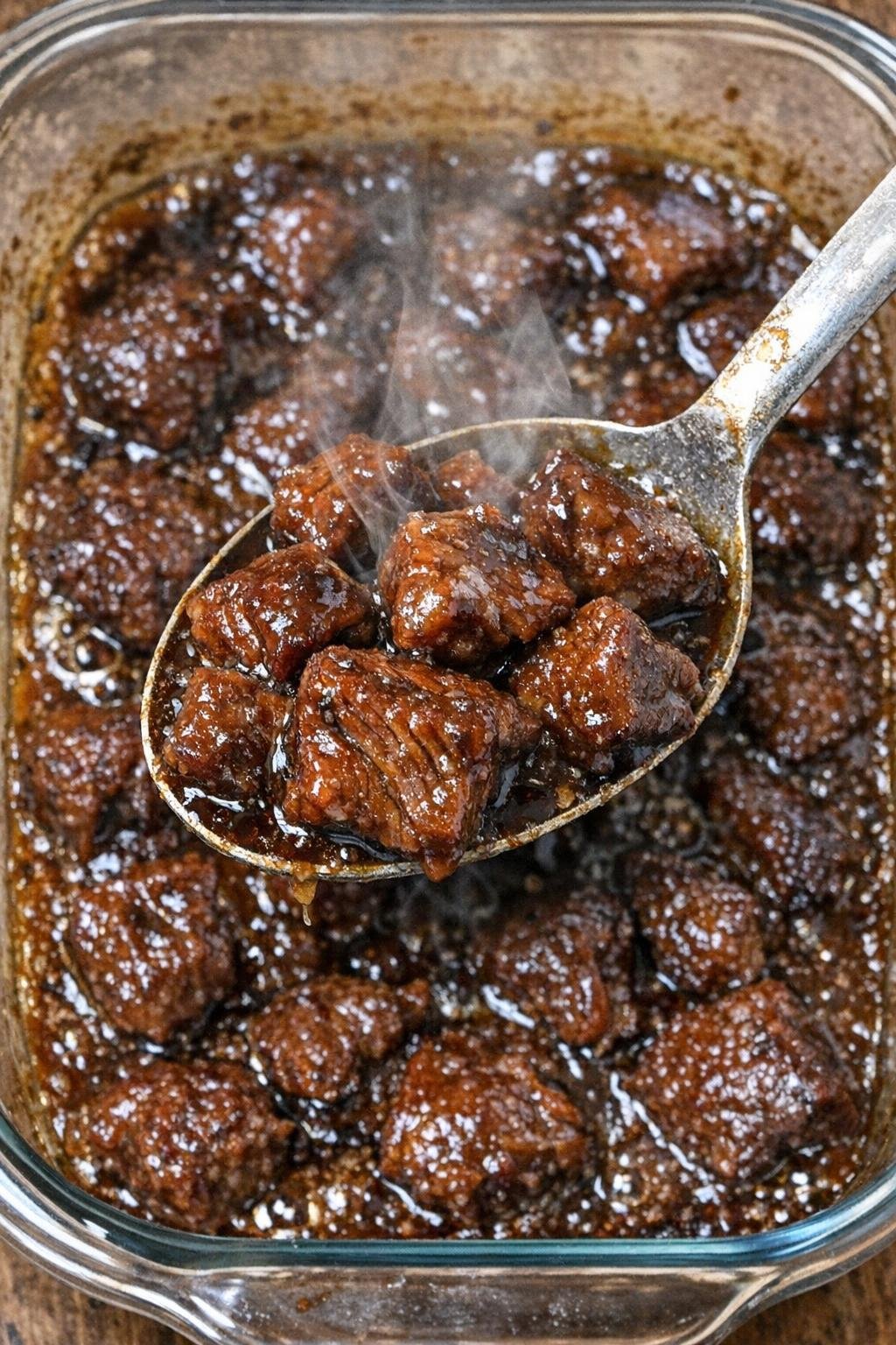 Savory beef bites in brown glaze in a glass casserole dish