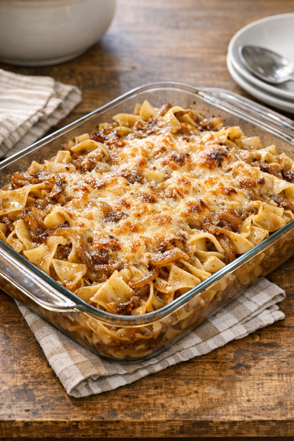 Baked French onion noodles in a casserole dish