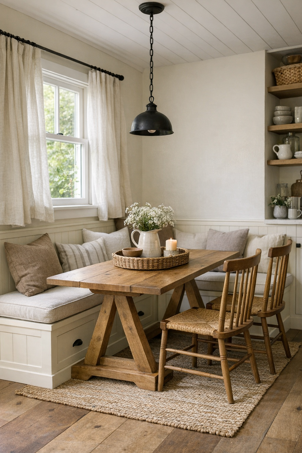 Tiny home dining nook with a built-in banquette and natural wood trestle table