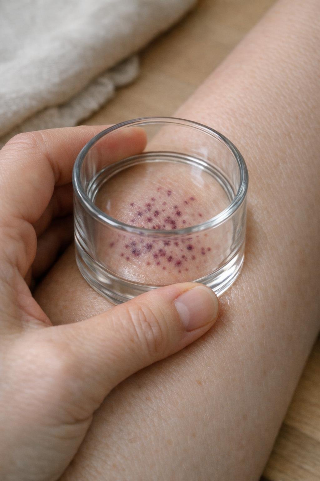 Clear glass pressed gently against spotted skin for a blanch test
