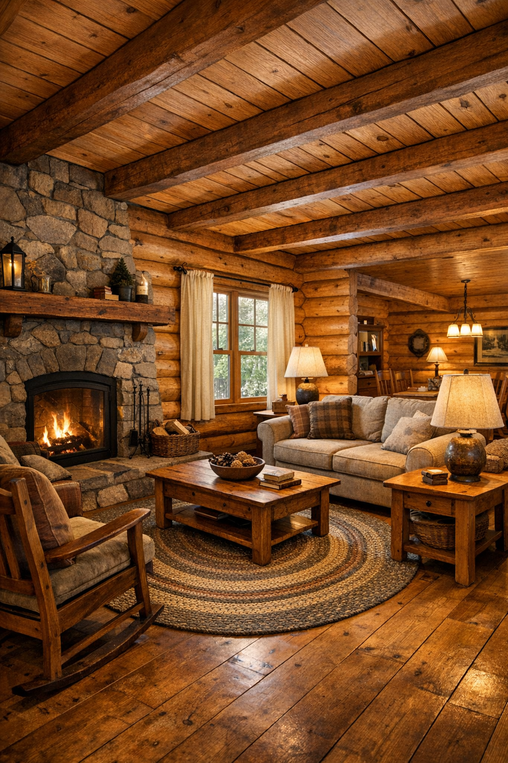 Warm cedar log living room with stone fireplace and handcrafted wood furniture