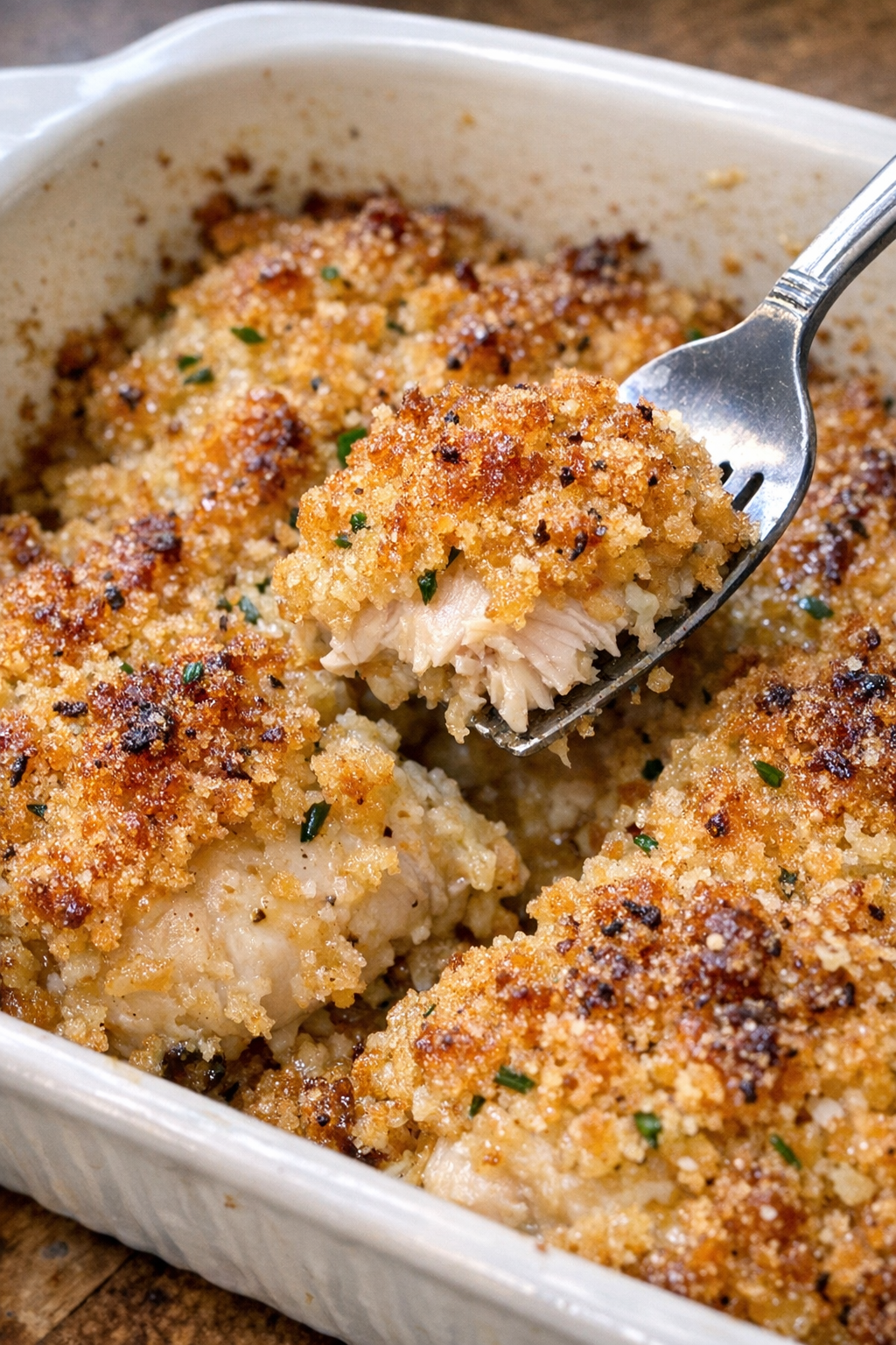 Chicken imperial with golden breadcrumb topping in a casserole dish