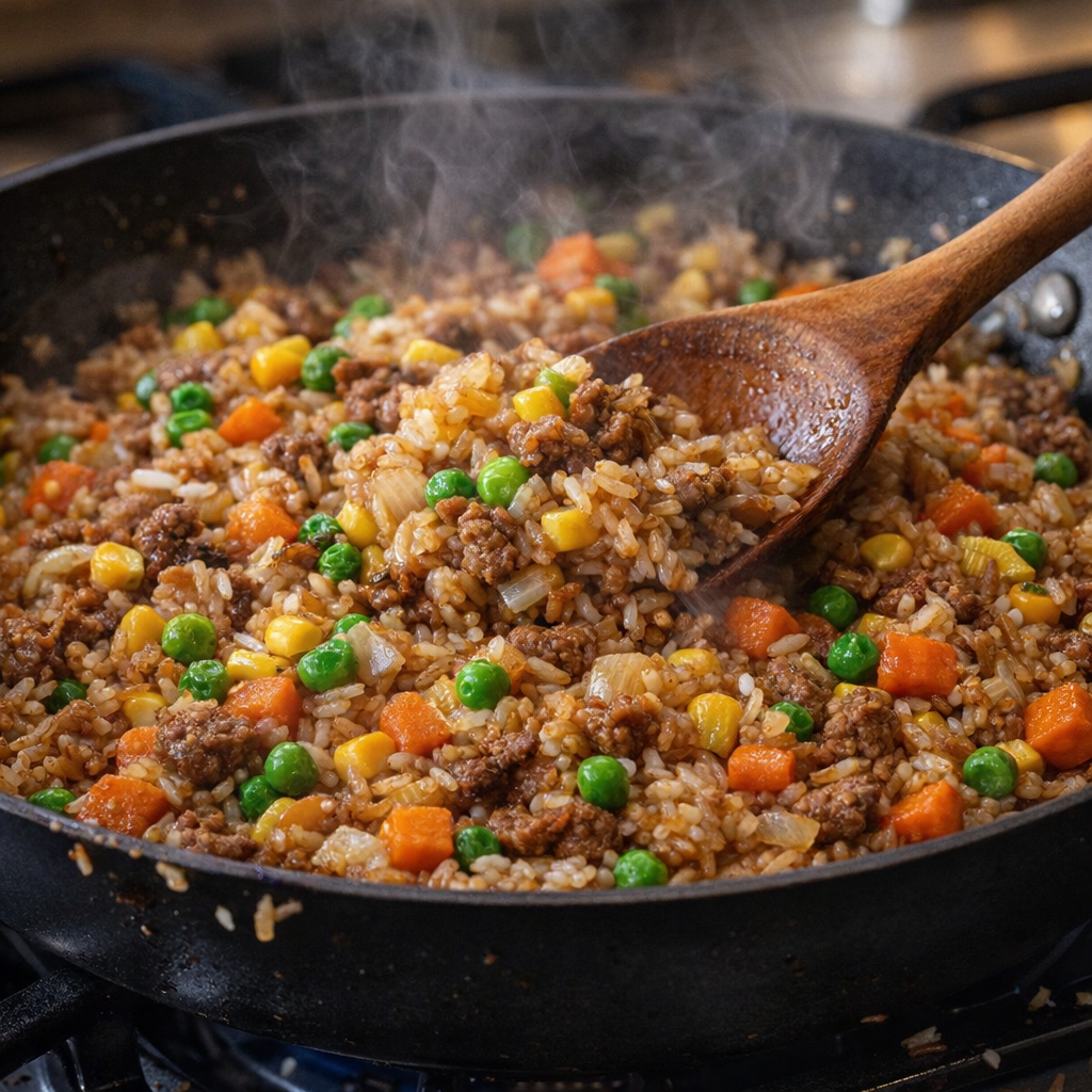 Skillet with beef, onions, and vegetables being mixed