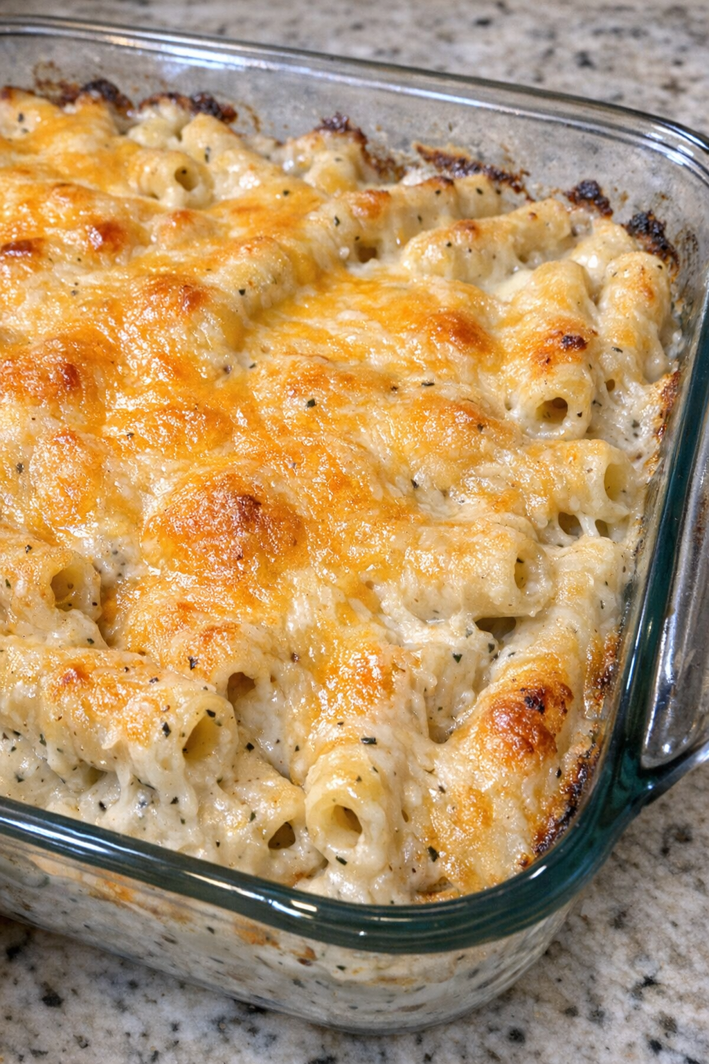 Close-up of cheesy ranch ziti fresh from the oven
