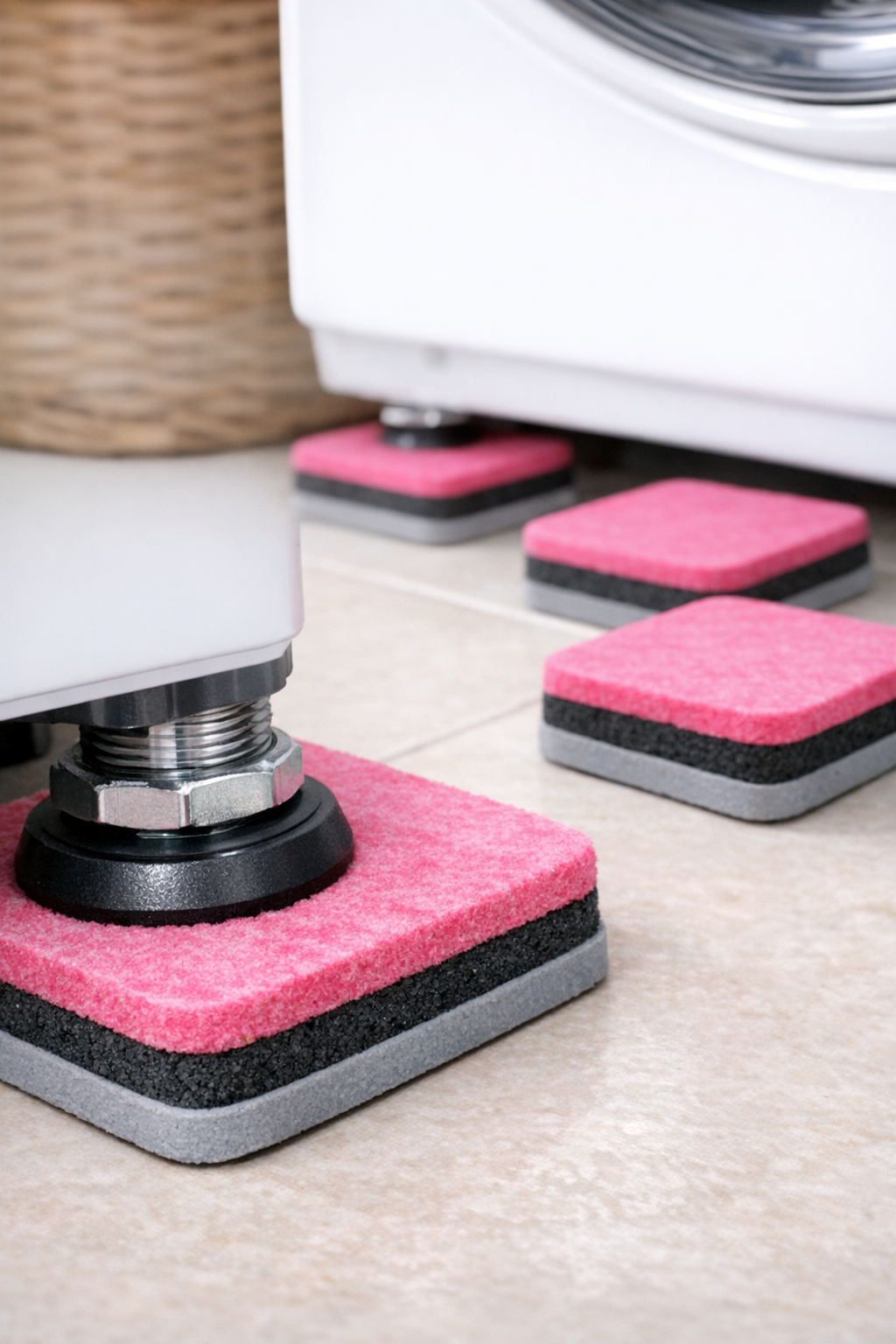Finished pink anti-vibration washer pads placed under washing machine feet