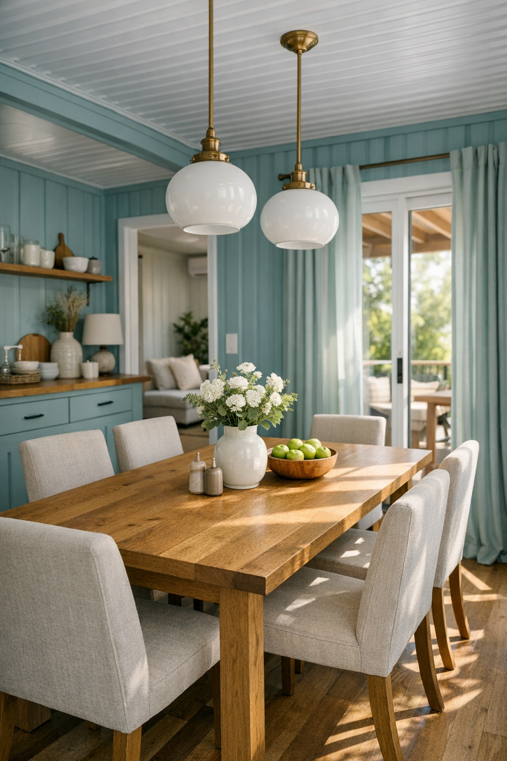 Open dining room with oak table, upholstered chairs, and soft teal accents
