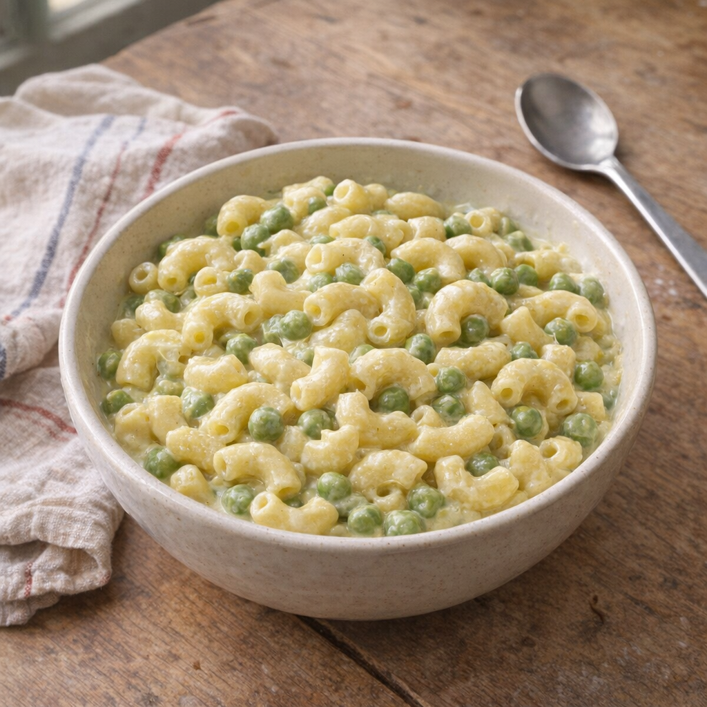 Vintage-style bowl of creamy pea macaroni on a farmhouse table