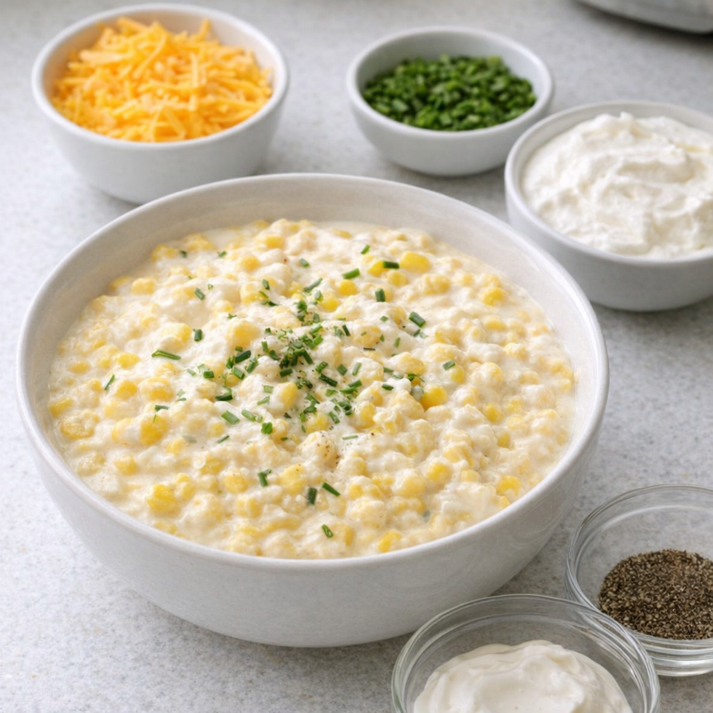 Small bowls of mix-in options beside creamed corn