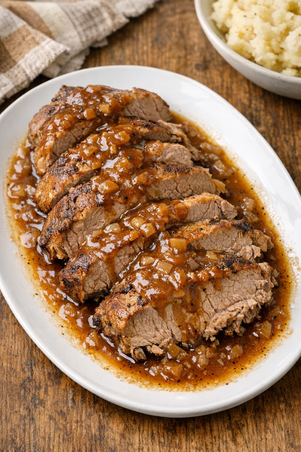 Finished slow cooker pork cushion with gravy on a platter