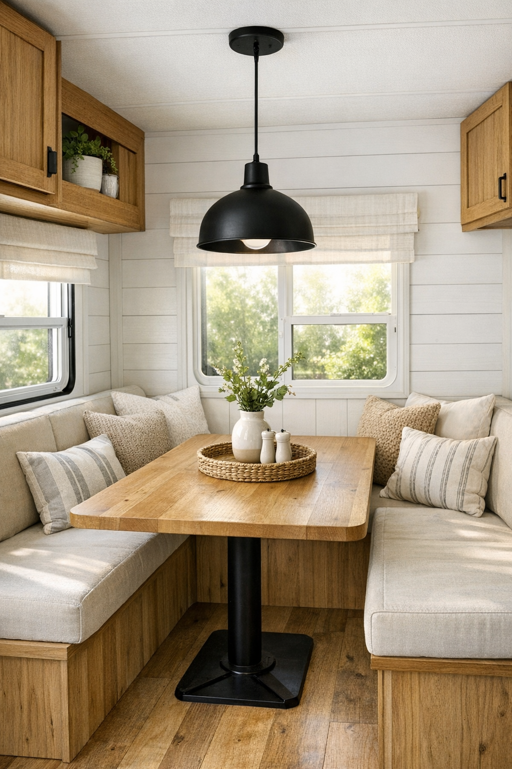 Cozy modern farmhouse RV dining nook with a wood table and built-in seating