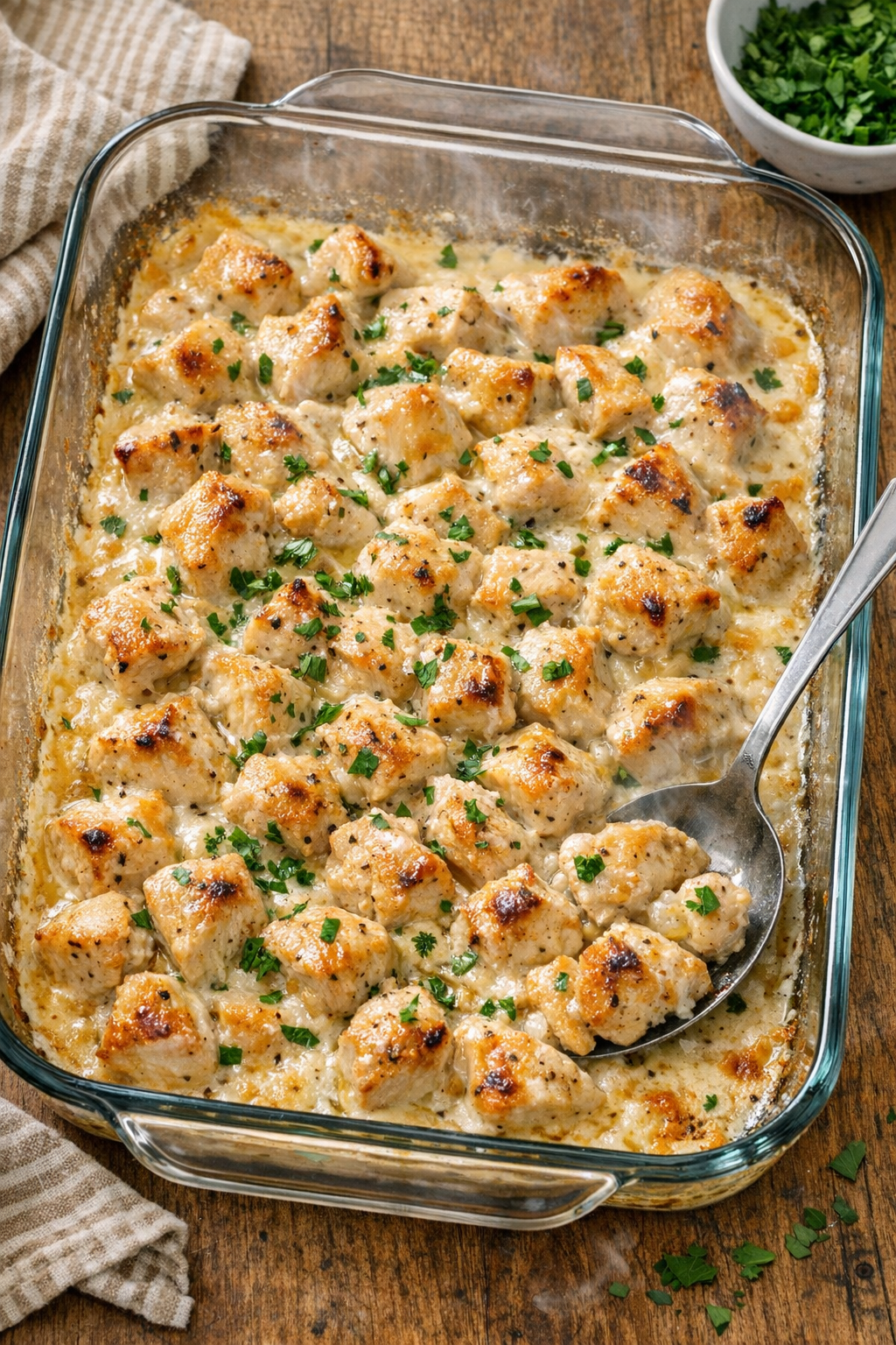 Baked chicken breast chunks in a glass casserole dish