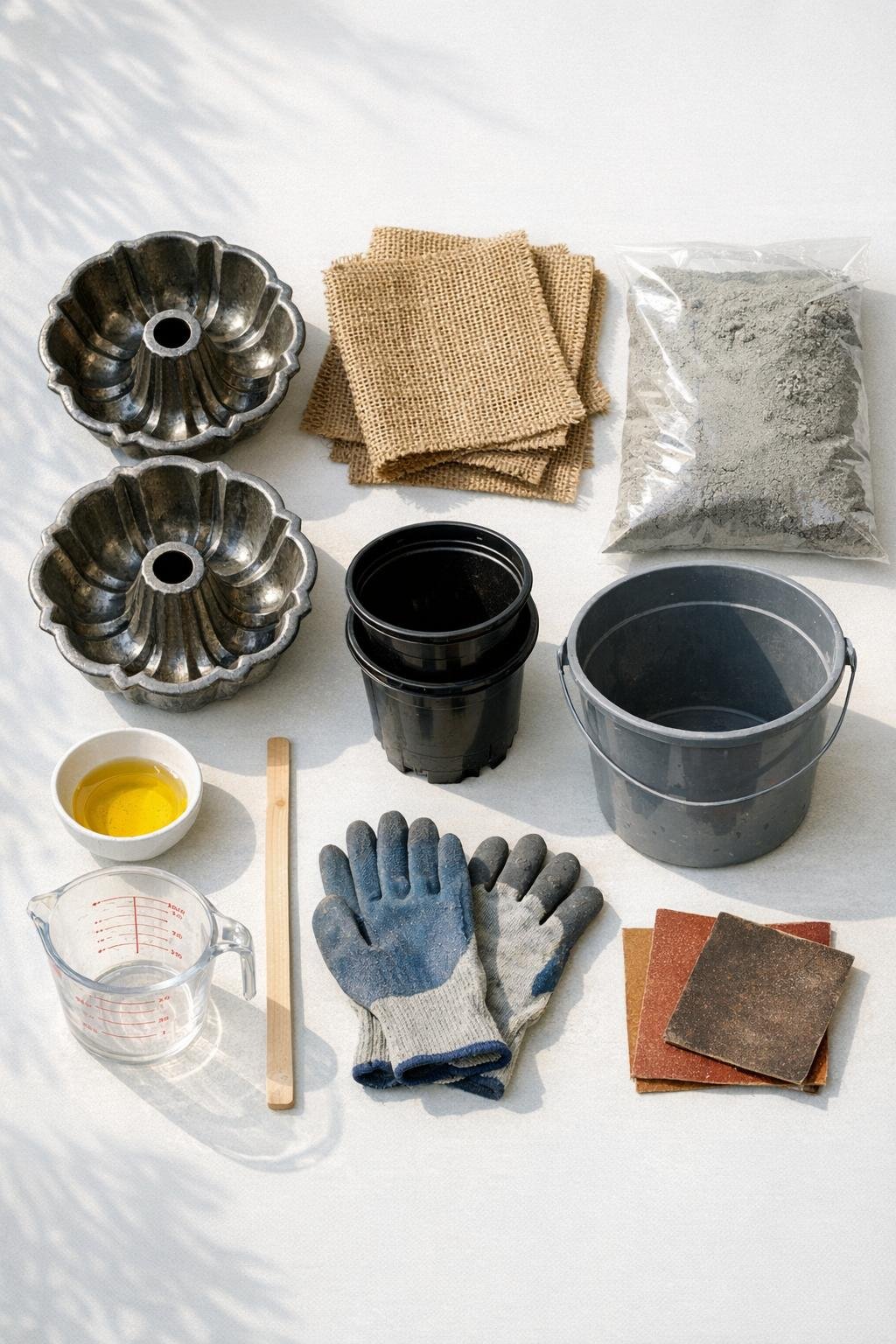 Materials for making two burlap-textured concrete bundt pan planters
